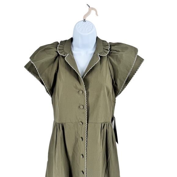 Tuckernuck NEW Olive Green Alice Puff Sleeve Collared Classic Midi Dress XXS - Picture 3 of 9